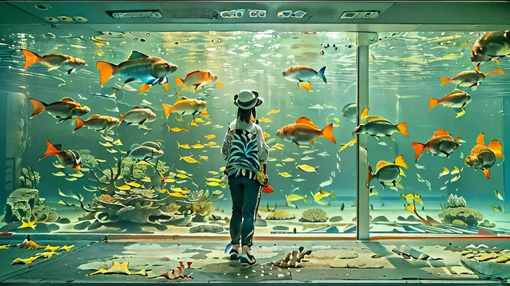 huge, Dim Illuminated, futuristic aquarium, While the light dances in the water , (私はhuge水槽の中で泳ぐ多くの魅力的な群れの魚を見ている:1.5) . soft blue surface , (Majestic rays , hugeマンボウ, and、large colorful tropical fish are swimming in the tank:1.5),(shrimp, Crab, Starfish, a...