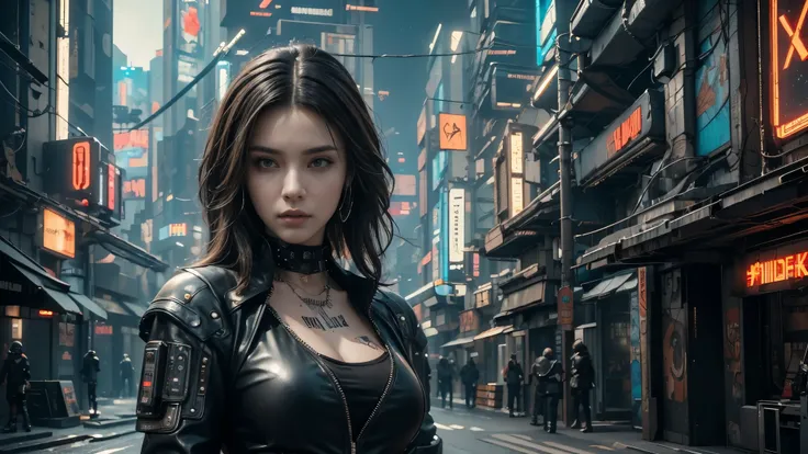 ((best quality)), (( masterpiece)), (Detailed height:1.3), 3D, beautiful (cyberpunk:1.3), Wearing black leather clothing,Stylish woman looking at camera,complicated details that make my whole body shiver, 8K Post-production, high resolution , super detail...