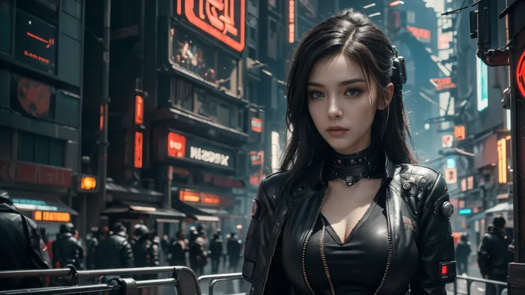 ((best quality)), (( masterpiece)), (Detailed height:1.3), 3D, beautiful (cyberpunk:1.3), Wearing black leather clothing,Stylish woman looking at camera,complicated details that make my whole body shiver, 8K Post-production, high resolution , super detail...