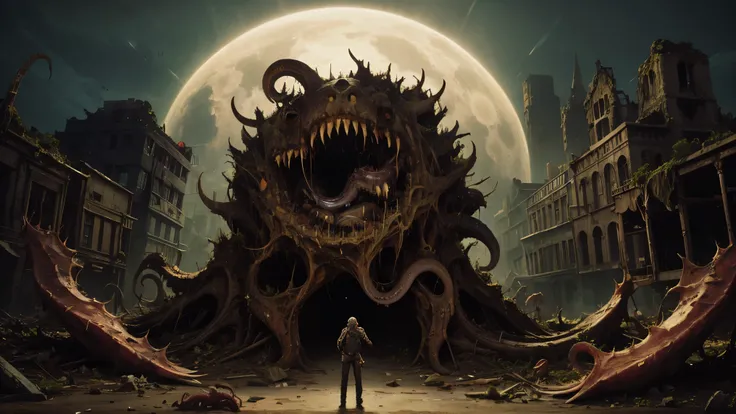 ruin city, old city, wreakage, shadow, mystical creature, legion of creatures, swarm, glowing eyes, a lot of teeth, tentacles, zombie-like creature, decompose, no legs, slither, very long tail