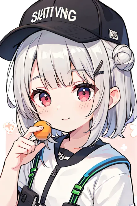  Silver Haired Short Bob,8k,masterpiece,best quality,baseball cap,HD,DETAILED,Single Portrait、girl、smile、impression、(Oil)、Green and orange tones、Short silver bob hair in a bun with a hair clip、Pink Eyes