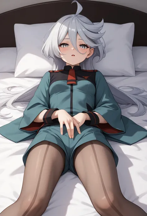 nsfw, (((female masturbation))), score_9, score_8_up, score_7_up, source anime, animated screen capture, (small breasts:2.0), ((bedroom)), slender body, Beautiful eyes, miorine rembran, ahoge, grey eyes, grey hair, hair between eyes, long hair, swept bangs...