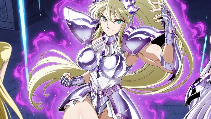 score 9 , score 8 up, score 7 up, source anime, 傑作, 最高品質, 高解像度, anime coloring, 1woman, Katya, woman is wearing a white leotard, zodiac lady knight, strong muscles, Portrait of a Zodiac lady Knight, solo, very long hair, blonde hair, greeneyes, high ponyta...