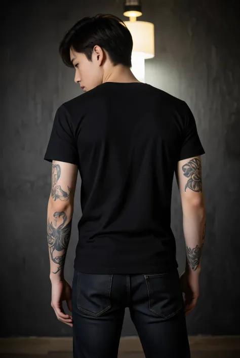 young korean man, wearing plain black t-shirt, wearing black jeans, back view, facing back, hands full of tattoos, dark wall background, bright room.