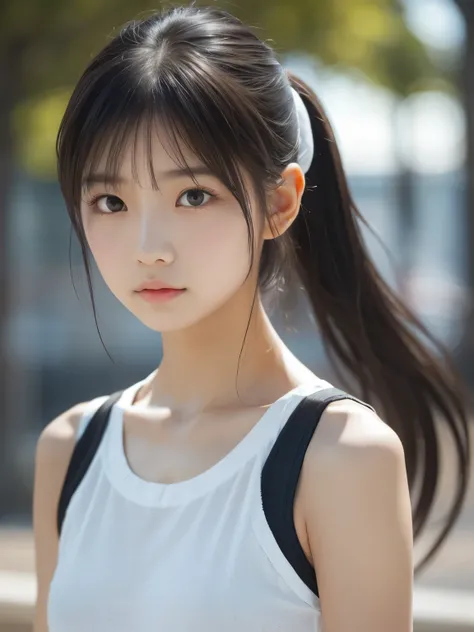 Sporty Girl, Dynamic Pictures , Black Hair, Long Hair, ponytail, bangs, Thready hairstyle/hair, Expressive Hair , Droopy eyes, Sad Eyes , Light-pigmented eyes, Drooping eyebrows, high definition, masterpiece, accurate, is anatomically correct, has w...