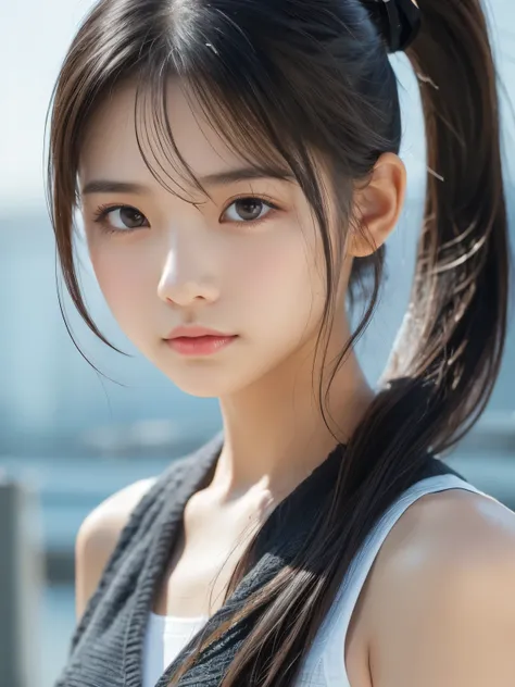 Sporty Girl, Dynamic Pictures , Black Hair, Long Hair, ponytail, bangs, Thready hairstyle/hair, Expressive Hair , Droopy eyes, Sad Eyes , Light-pigmented eyes, Drooping eyebrows, high definition, masterpiece, accurate, is anatomically correct, has w...