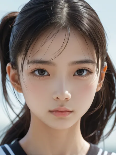 Sporty Girl, Dynamic Pictures , Black Hair, Long Hair, ponytail, bangs, Thready hairstyle/hair, Expressive Hair , Droopy eyes, Sad Eyes , Light-pigmented eyes, Drooping eyebrows, high definition, masterpiece, accurate, is anatomically correct, has w...
