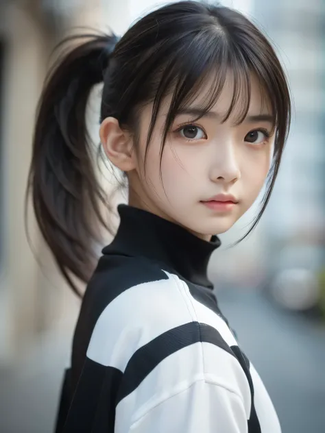 Sporty Girl, Dynamic Pictures , Black Hair, Long Hair, ponytail, bangs, Thready hairstyle/hair, Expressive Hair , Droopy eyes, Sad Eyes , Light-pigmented eyes, Drooping eyebrows, high definition, masterpiece, accurate, is anatomically correct, has w...