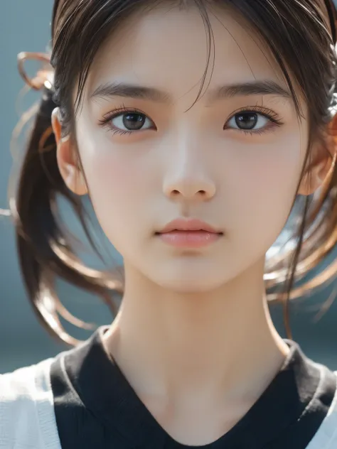 Sporty Girl, Dynamic Pictures , Black Hair, Long Hair, ponytail, bangs, Thready hairstyle/hair, Expressive Hair , Droopy eyes, Sad Eyes , Light-pigmented eyes, Drooping eyebrows, high definition, masterpiece, accurate, is anatomically correct, has w...
