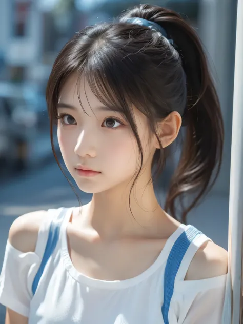 Sporty Girl, Dynamic Pictures , Black Hair, Long Hair, ponytail, bangs, Thready hairstyle/hair, Expressive Hair , Droopy eyes, Sad Eyes , Light-pigmented eyes, Drooping eyebrows, high definition, masterpiece, accurate, is anatomically correct, has w...