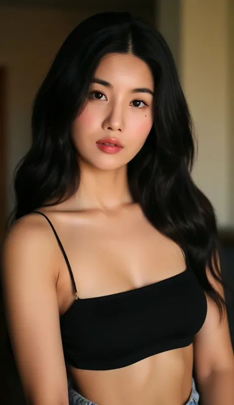 Sultry elder sister, standing in a close-up shot with a soft, inviting gaze. She wears a casual yet alluring sexy skimpy thin tank top, emphasizing her mature charm. Her pose is relaxed and confident. The lighting is warm and natural, casting a gentle glow...