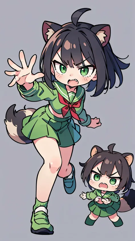 anime style、 cute face、  female、 Raccoon Ears、 black hair、Raccoon Tail、bob hair、 green sailor suit、red ribbon、green skirt、Black shoes、green eyes、angry expression、double teeth、 are attacking with magic、simple background、put your hands forward