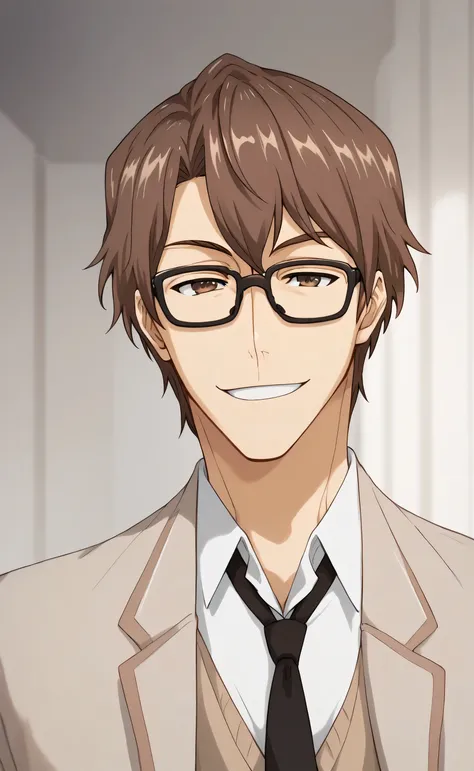 1male,solo,Sōsuke Aizen,aizen hair,brown hair,brown eyes,glasses,black glasses,beige blazer,white shirt,black necktie,smile,