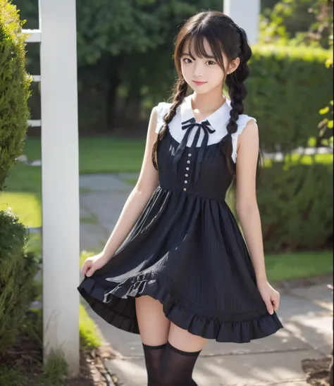  Female Middle School Student、 in landscape、、 Angelic Smile、
break、Flax Hair、 Side Braid Hair 、 long hair、Thin Hair、Expressive hair、 asymmetrical balance 、
break、 sleeveless dress 、 black goth dress 、 cute dress with lots of ruffles、Especially short skirts...