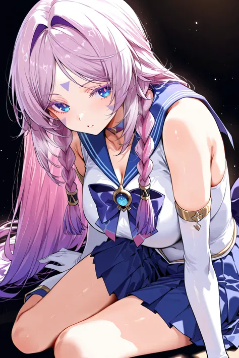 score_9, score_8_up, score_7_up, masterpiece, best quality, very aesthetic, absurdres, tunning image, light particles, attractive image, 1girl, solo, adult grown woman, citlali \(genshin impact\), pink hair, purple hair, multicolored hair, twin braids, hai...