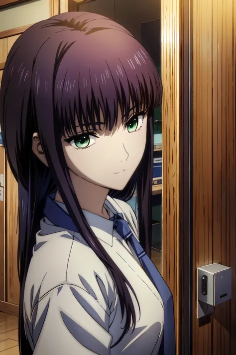 plaid skirt,(((high school students))),girl in uniform,jewel-like eyes, 超 high image quality, ((( green eyes))),赤 purple hair behind a closed door, beautifulアニメ高校の女の子,( masterpiece:1.2, 最 high quality ), ( exists, photo exists:1.4), beautifulイラスト, ( natur...