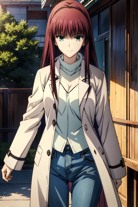 (((jeans))),winter物のlong coatを着た女の子 , (((long coat))) ,(((I'm wearing a turtleneck under my coat))) high definition , Super Detailなイラスト , Highly Detailed Faces ,  RAW photos  , film grain , standing , Connect UHD and 8k , 長い赤紫髪とgreen eyesをしたanime girl , An...