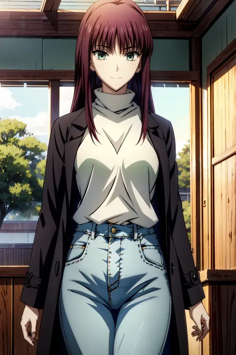 (((jeans))),winter物のlong coatを着た女の子 , (((long coat))) ,(((I'm wearing a turtleneck under my coat))) high definition , Super Detailなイラスト , Highly Detailed Faces , RAW photos , film grain , standing , Connect UHD and 8k , 長い赤紫髪とgreen eyesをしたanime girl , An...