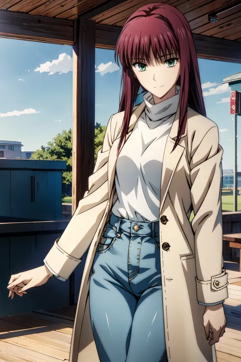 (((jeans))),winter物のlong coatを着た女の子 , (((long coat))) ,(((I'm wearing a turtleneck under my coat))) high definition , Super Detailなイラスト , Highly Detailed Faces , RAW photos , film grain , standing , Connect UHD and 8k , 長い赤紫髪とgreen eyesをしたanime girl , An...
