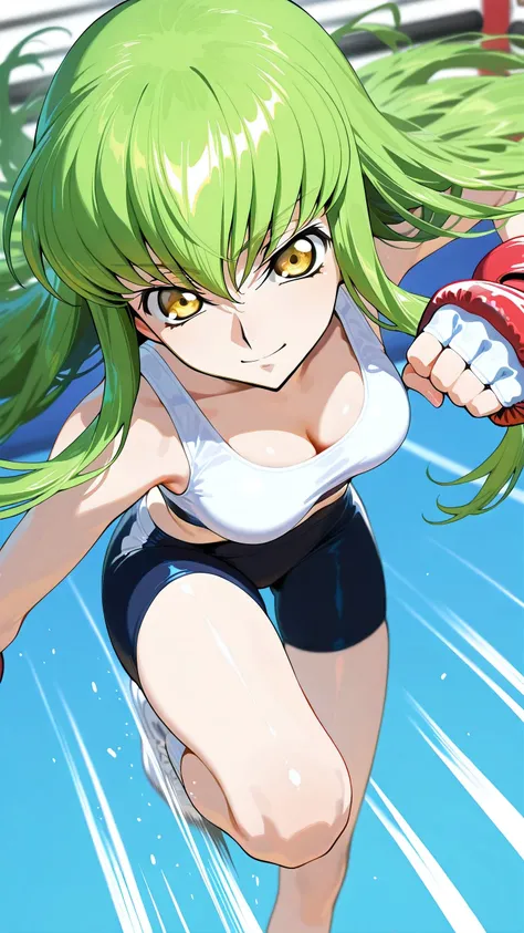 C.C., Code Geass, gold eyes,, solo, Detailed eyes, white sports bra, black very low leg spats, white fingerless gloves, thigh, cleavage, slim long legs, medium breast, serious smile, looking at viewer, Detailed eyes, Detailed face, portrait, from above,
k...