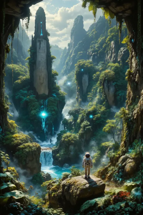 An overgrown alien jungle where time slows, a lone astronaut stands by a waterfall surrounded by vines and crystalline leaves that pulse with rhythmic light, ancient stone ruins with alien glyphs are partially consumed by plant life, sunbeams scatter acros...