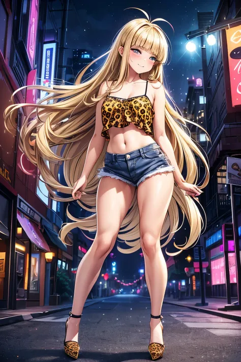 1girl, Baby face:1.5, cute:1.5, petite:1.5,
((leopard print camisole:1.3), (denim shorts)),
(shiny leopard print high heels:1.2),
((blonde hair:1.2), (blunt bangs:1.2), (long hair : Wave Hair + Curly hair + Bedhead + hair fluttering like the wind):1....