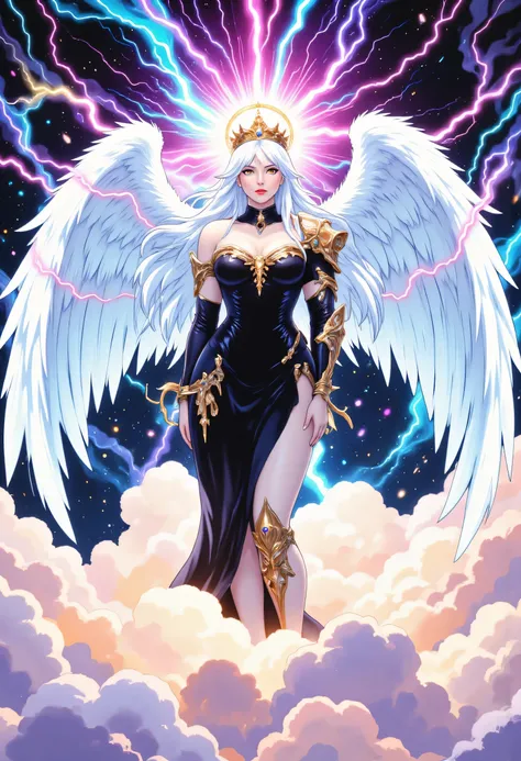 n epic comic art painting, watercolor masterpiece art a queen from heaven, a female queen angel wearing gold crown, wearing black sexy dress, (white stockings: 1.3), high heels boots, bright skin, best details beautiful face ,dynamic hair color, busty, sma...
