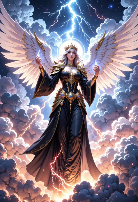 n epic comic art painting, watercolor masterpiece art a queen from heaven, a female queen angel wearing gold crown, wearing black sexy dress, (white stockings: 1.3), high heels boots, bright skin, best details beautiful face ,dynamic hair color, busty, sma...