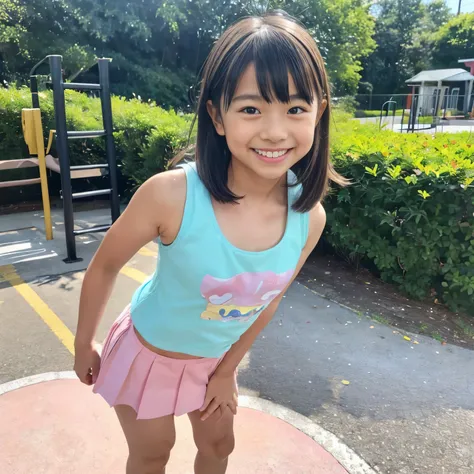 filling machine that divides Canadian、(  there is 1 cute elementary school student  ) 、((Full body )), high image quality, masterpiece, accurate,  ((   pastel colored tank top t-shirt  )), ( Pastel Westcross   ),    red cheeks  , Best Quality, smile,  Look...