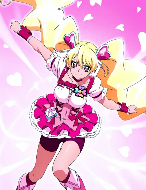 score 9 、score 8 up、score 7 up、source anime、masterpiece、best quality、high definition、Highly Detailed Faces、 very detailed eyes、very detailed、anime coloring、1girl、cure peach、female character is wearing a white and pink dress、beefcake standing、blonde hair、tw...