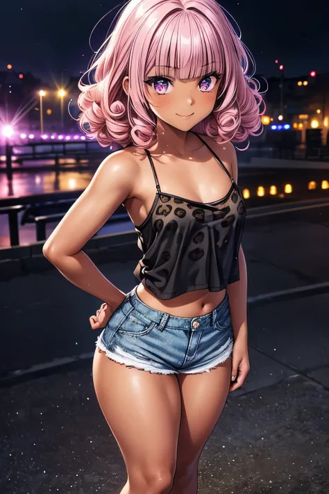 1girl, Baby face:1.5, cute:1.5, petite:1.5,
((dark skin:1.3)),
((leopard print camisole:1.3), (denim shorts)),
(shiny leopard print high heels:1.2),
((pink hair:1.2), (blunt bangs:1.2), (Medium Hair : voluminous hair that stretches a woman's back + ...