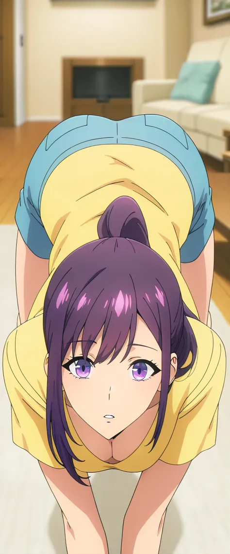 anime screencap, masterpiece, best quality,

1girl, solo, parted lips,
purple hair, purple eyes, high ponytail,
JinahHome, t-shirt, yellow shirt, blue shorts, cleavage, medium breasts,
all fours, looking at the viewer,
indoors, living room, blurry backgrou...
