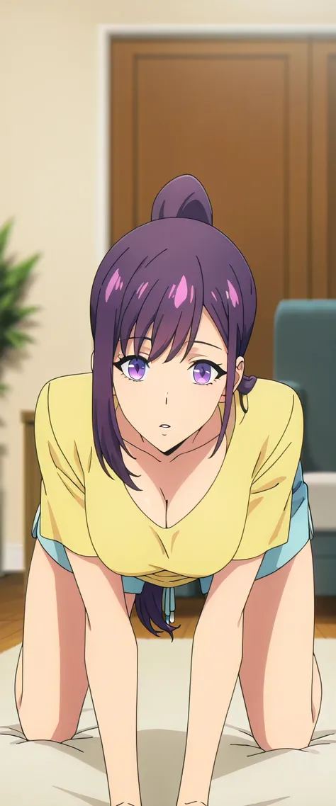 anime screencap, masterpiece, best quality,

1girl, solo, parted lips,
purple hair, purple eyes, high ponytail,
JinahHome, t-shirt, yellow shirt, blue shorts, cleavage, medium breasts,
all fours, looking at the viewer,
indoors, living room, blurry backgrou...