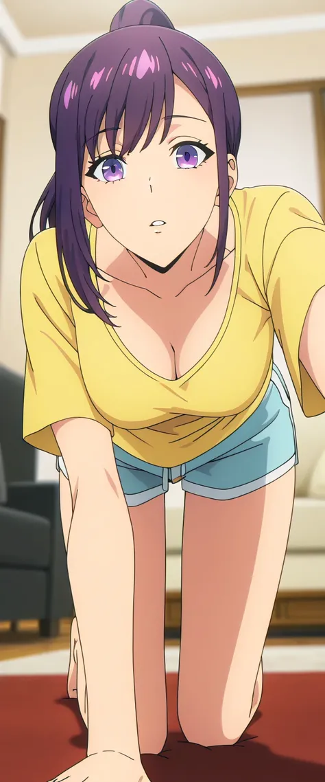 anime screencap, masterpiece, best quality,

1girl, solo, parted lips,
purple hair, purple eyes, high ponytail,
JinahHome, t-shirt, yellow shirt, blue shorts, cleavage, medium breasts,
all fours, looking at the viewer,
indoors, living room, blurry backgrou...