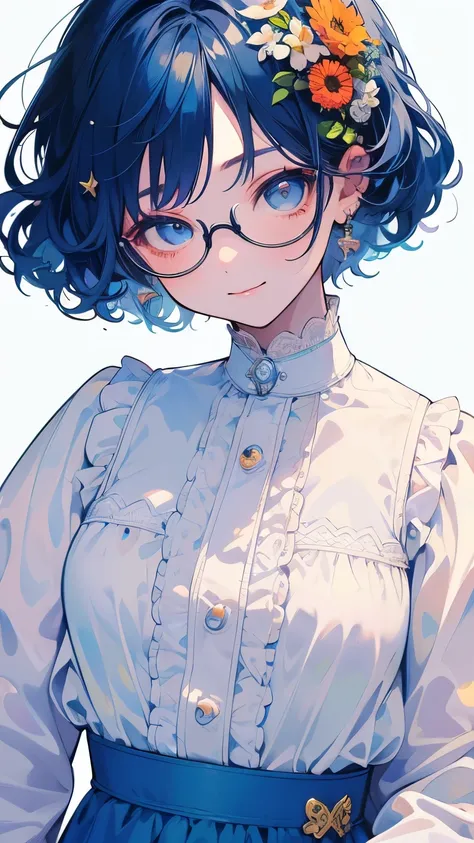 (( Highest Quality)), (( masterpiece)), ( details), wallpaper、Very details 、(((Very details な目と顔)))、smile、 masterpiece、 Highest Quality、 To details、glasses、short hair、blue hair 、Curly hair 、Summer clothes、 white background