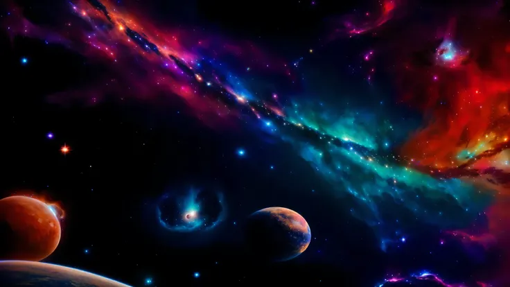 a close up of a space scene with planets and stars, cosmic and colorful, dark neon colored universe, space colors, beautiful space, cosmic colors, space backround, colorful nebulas, fantasy space, background of the galaxy, space sky, cool smooth space colo...