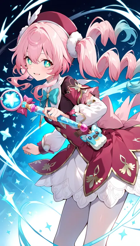 score_9, score_8_up, score_7_up, BREAK source_anime, (masterpiece), (Highest Quality), hyacine \(honkai star rail\), ( blue magic wand , magical girl, from the side:1.4), 1girl, pink hair, solo, twintails, multicolored hair, dress, long sleeves, red headw...
