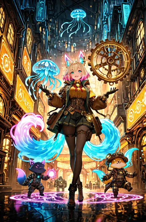 "A trio of non-human fantasy characters having a quirky interaction in a futuristic marketplace — a cybernetic fox with glowing neon tails juggling energy orbs, a floating jellyfish librarian with holographic scrolls, and a steampunk golem made of bronze g...