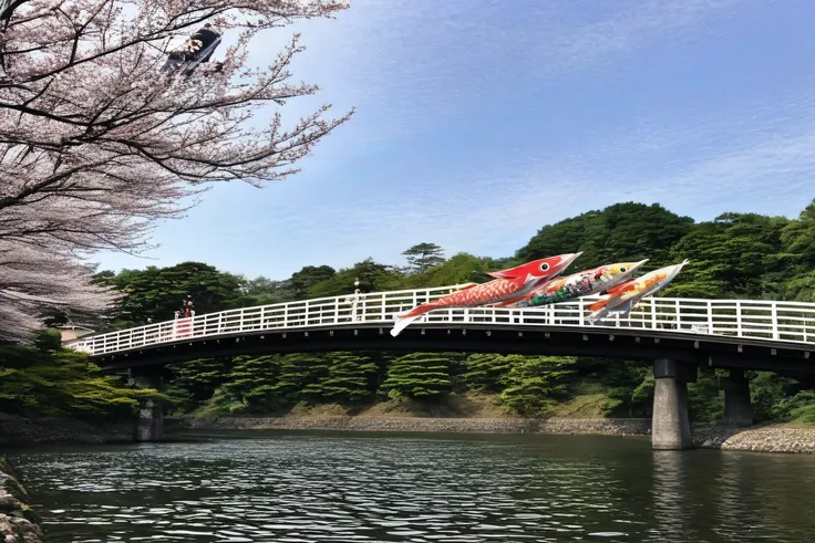 Japanese traditional koinobori. anime style.across the river.