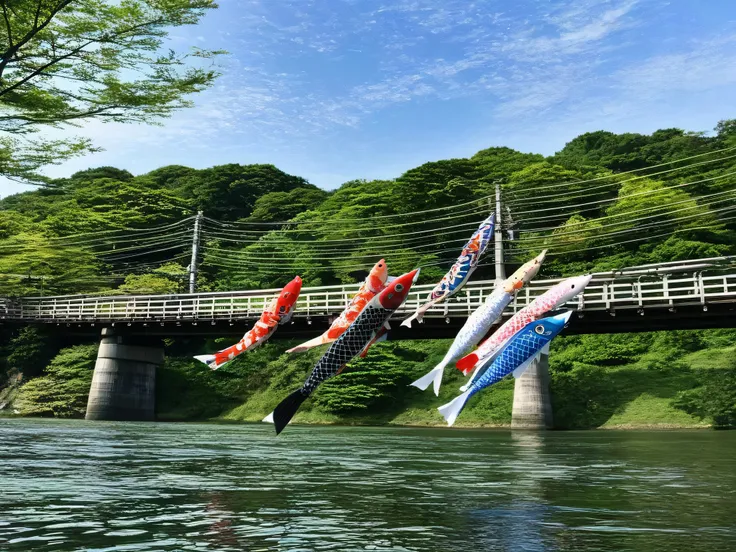 Japanese traditional koinobori are across the river. anime style.