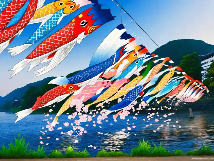 Japanese traditional koinobori are across the river. anime style.