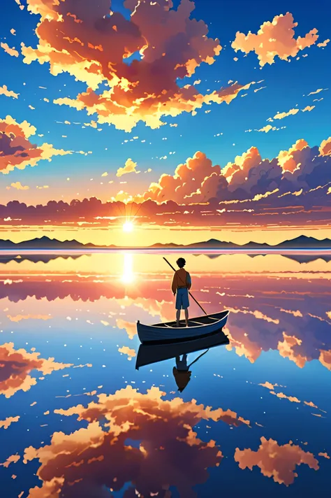 Draw simple art in the style of Tintinpixai, an anime-style painting of a boy navegando en un bote with his arms outstretched on the edge of an abyss! watching the Uyuni salt flat, Incredible reflections of the sky, Incredible reflections, Beautiful refl...