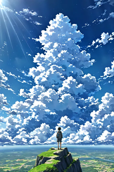 There is a sea of realistic clouds !!!!!。,cloudy, Anime-style textured clouds , a painting of a boy on the edge of an abyss !!! watching a vast sky , anime landscape, inspired by the anime of the brothers beautiful scene of peace , realistic anime...