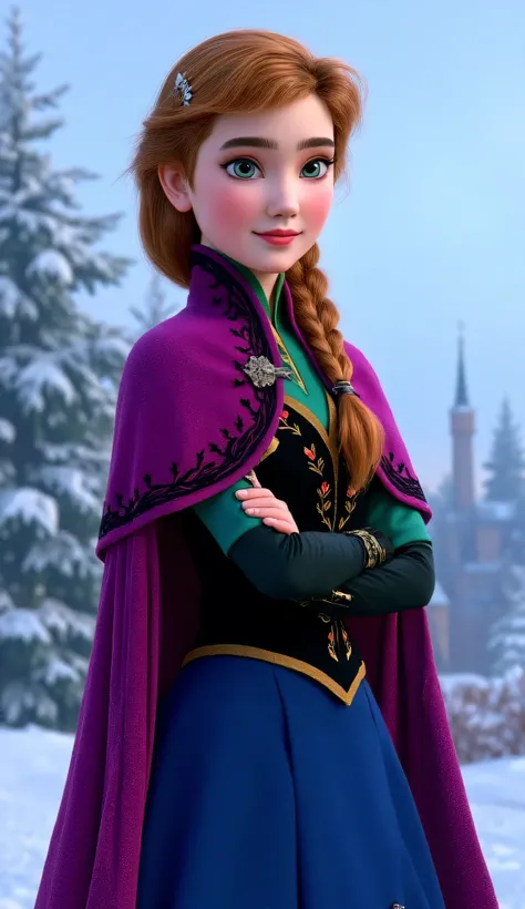 "Full-body portrait of Jennifer Connelly as Anna from Disney's Frozen, wearing Anna’s iconic winter outfit — a dark blue skirt with floral embroidery, black bodice with green accents, magenta cape with clasp, and braided auburn hair, standing in a stylized...