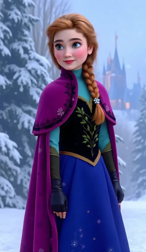 "Full-body portrait of Jennifer Connelly as Anna from Disney's Frozen, wearing Anna’s iconic winter outfit — a dark blue skirt with floral embroidery, black bodice with green accents, magenta cape with clasp, and braided auburn hair, standing in a stylized...