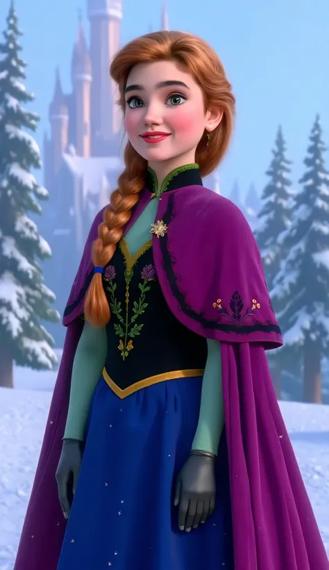 "Full-body portrait of Jennifer Connelly as Anna from Disney's Frozen, wearing Anna’s iconic winter outfit — a dark blue skirt with floral embroidery, black bodice with green accents, magenta cape with clasp, and braided auburn hair, standing in a stylized...