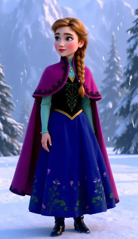 "Full-body portrait of Jennifer Connelly as Anna from Disney's Frozen, wearing Anna’s iconic winter outfit — a dark blue skirt with floral embroidery, black bodice with green accents, magenta cape with clasp, and braided auburn hair, standing in a stylized...