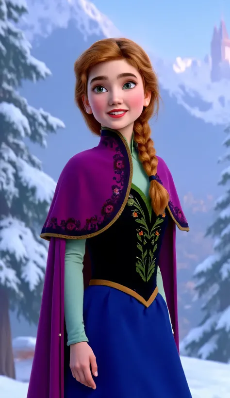 "Full-body portrait of Jennifer Connelly as Anna from Disney's Frozen, wearing Anna’s iconic winter outfit — a dark blue skirt with floral embroidery, black bodice with green accents, magenta cape with clasp, and braided auburn hair, standing in a stylized...