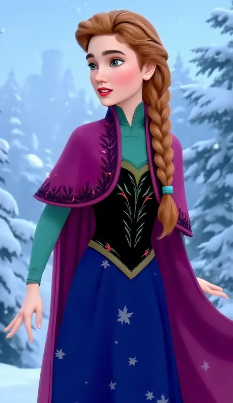 "Full-body portrait of Jennifer Connelly as Anna from Disney's Frozen, wearing Anna’s iconic winter outfit — a dark blue skirt with floral embroidery, black bodice with green accents, magenta cape with clasp, and braided auburn hair, standing in a stylized...