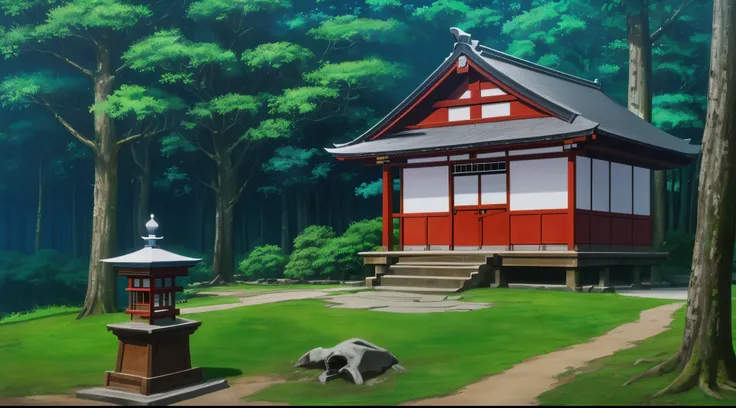 (Drawn in 80’s anime art style.
Retro anime. Vintage Anime. Classical Anime.
Location: Higurashi Shrine
Traditional Japanese Shinto shrine on a quiet hill in modern Tokyo, surrounded by tall cedar trees. Stone steps lead up to wooden buildings with cur...